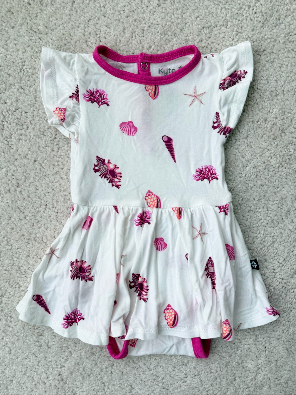 Kyte Baby Twirl Bodysuit Dress Bright Pink Trim And Shell Print